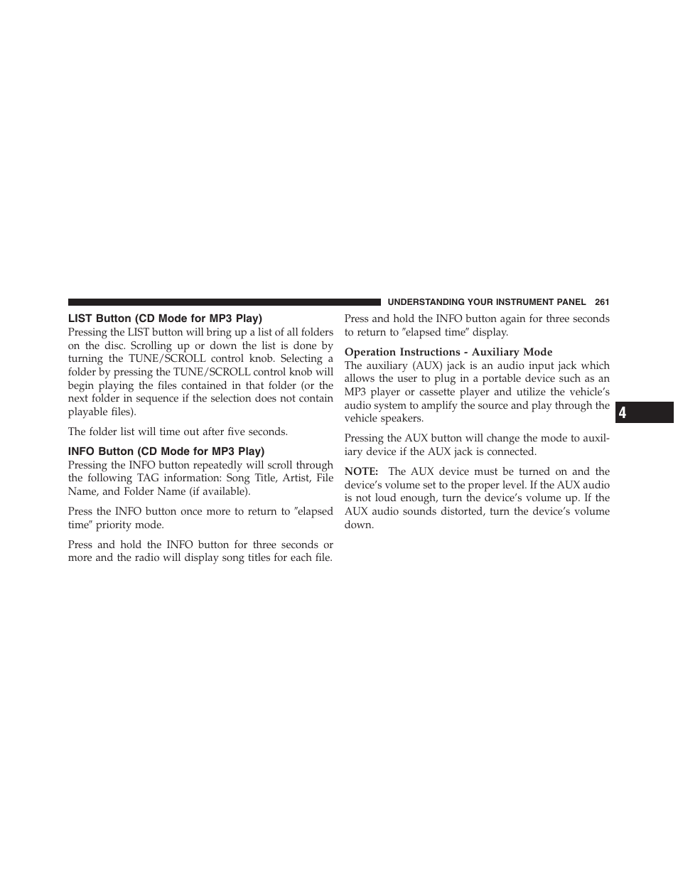 List button (cd mode for mp3 play), Info button (cd mode for mp3 play), Media center 730n/430/430n (rer/rbz | Rhb) cd/dvd/hdd/nav — if equipped, Operating instructions (voice command, System) — if equipped, Operating instructions, Uconnect™ phone) — if equipped | Dodge 2011 Nitro User Manual | Page 262 / 484