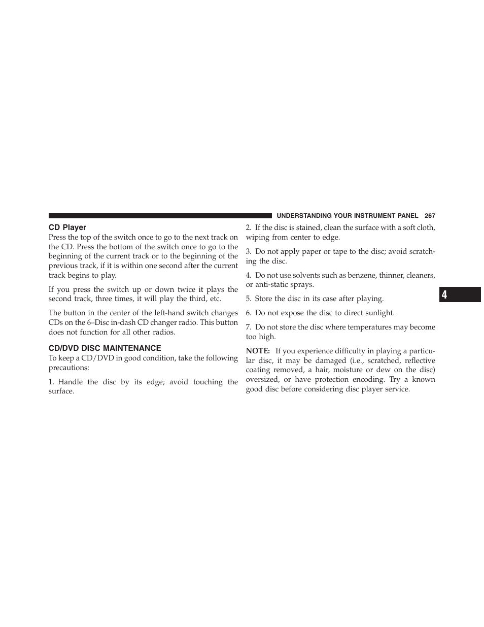 Cd player, Cd/dvd disc maintenance, Notes on playing mp3 files | Dodge 2011 Nitro User Manual | Page 268 / 484