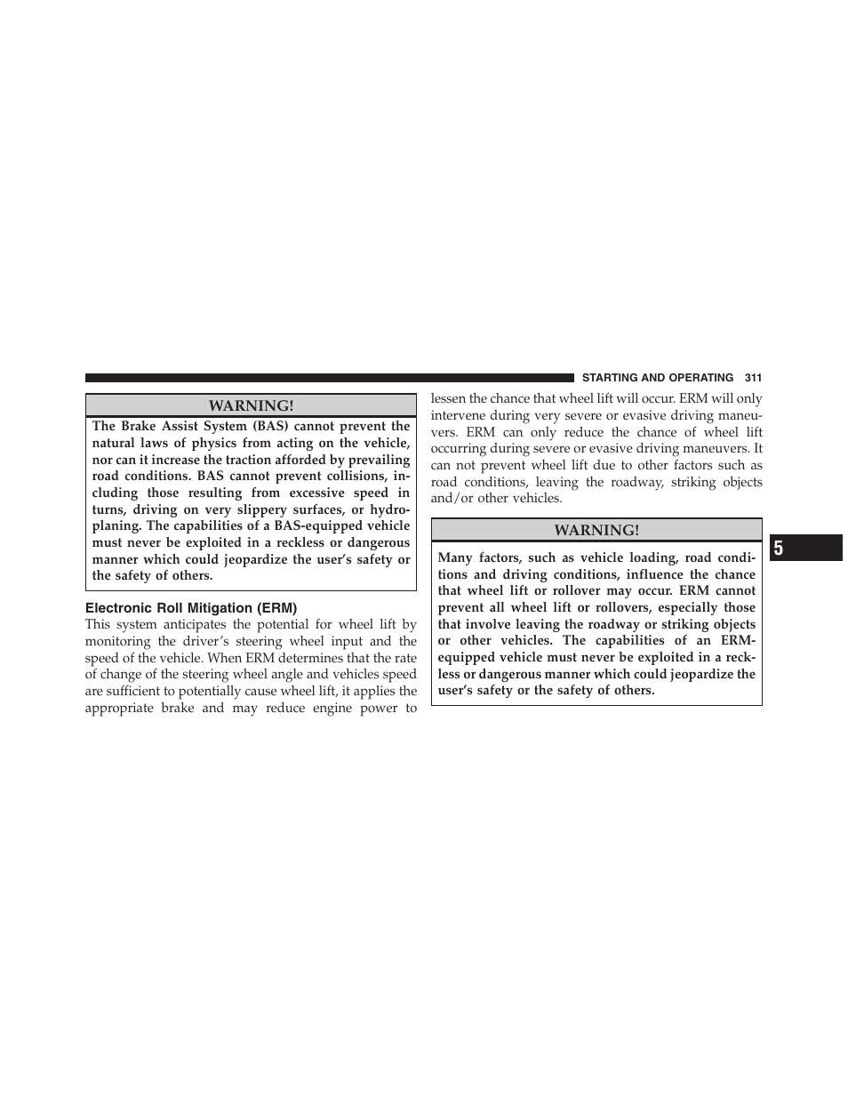 Electronic roll mitigation (erm), Starting procedures, Normal starting | Dodge 2011 Nitro User Manual | Page 312 / 484