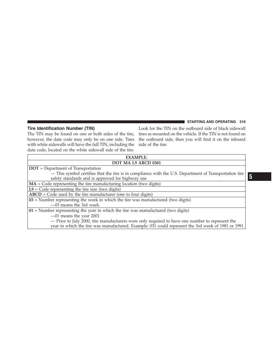 Tire identification number (tin) | Dodge 2011 Nitro User Manual | Page 320 / 484