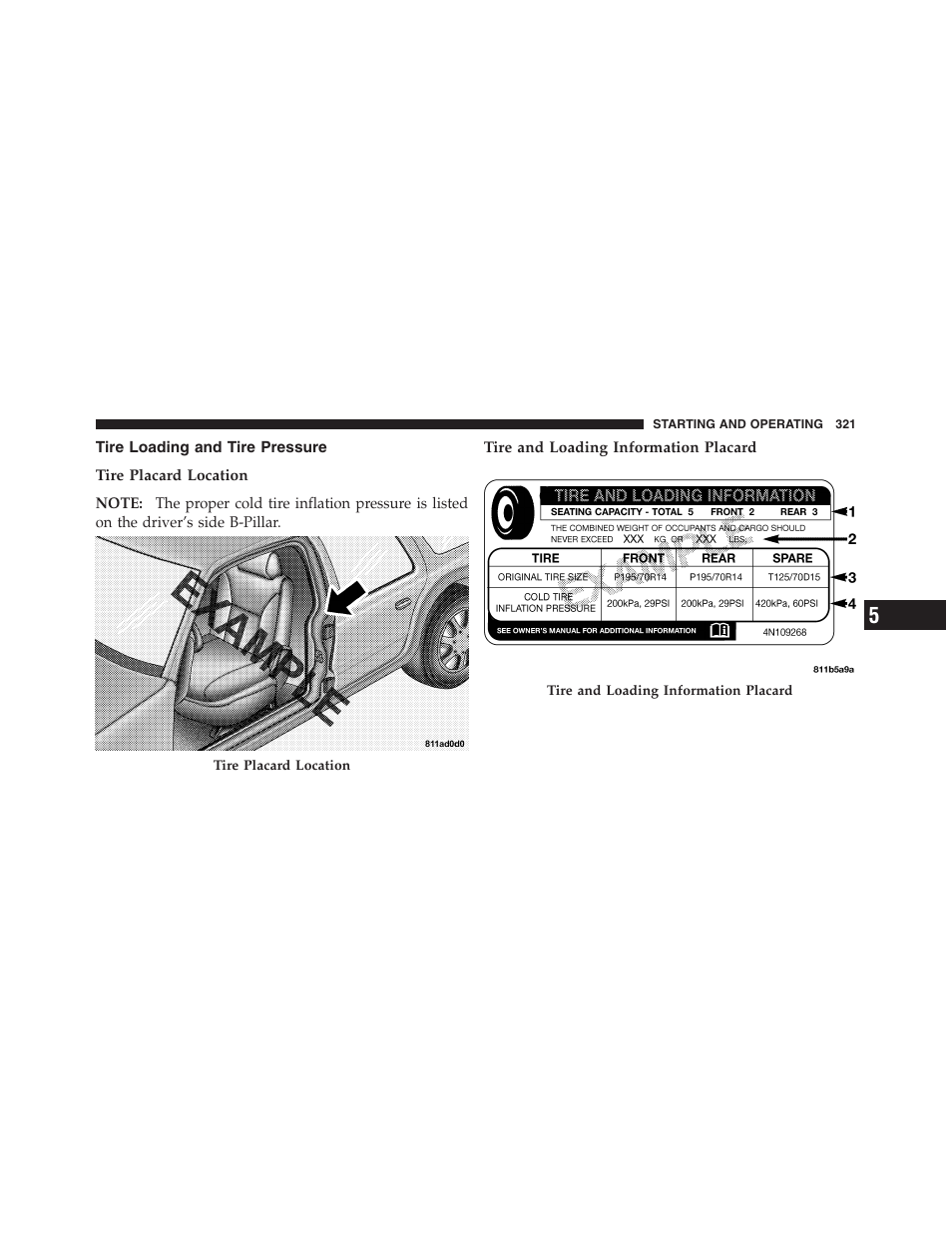 Tire loading and tire pressure | Dodge 2011 Nitro User Manual | Page 322 / 484