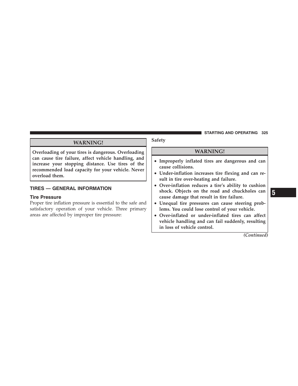 Tires — general information, Tire pressure | Dodge 2011 Nitro User Manual | Page 326 / 484