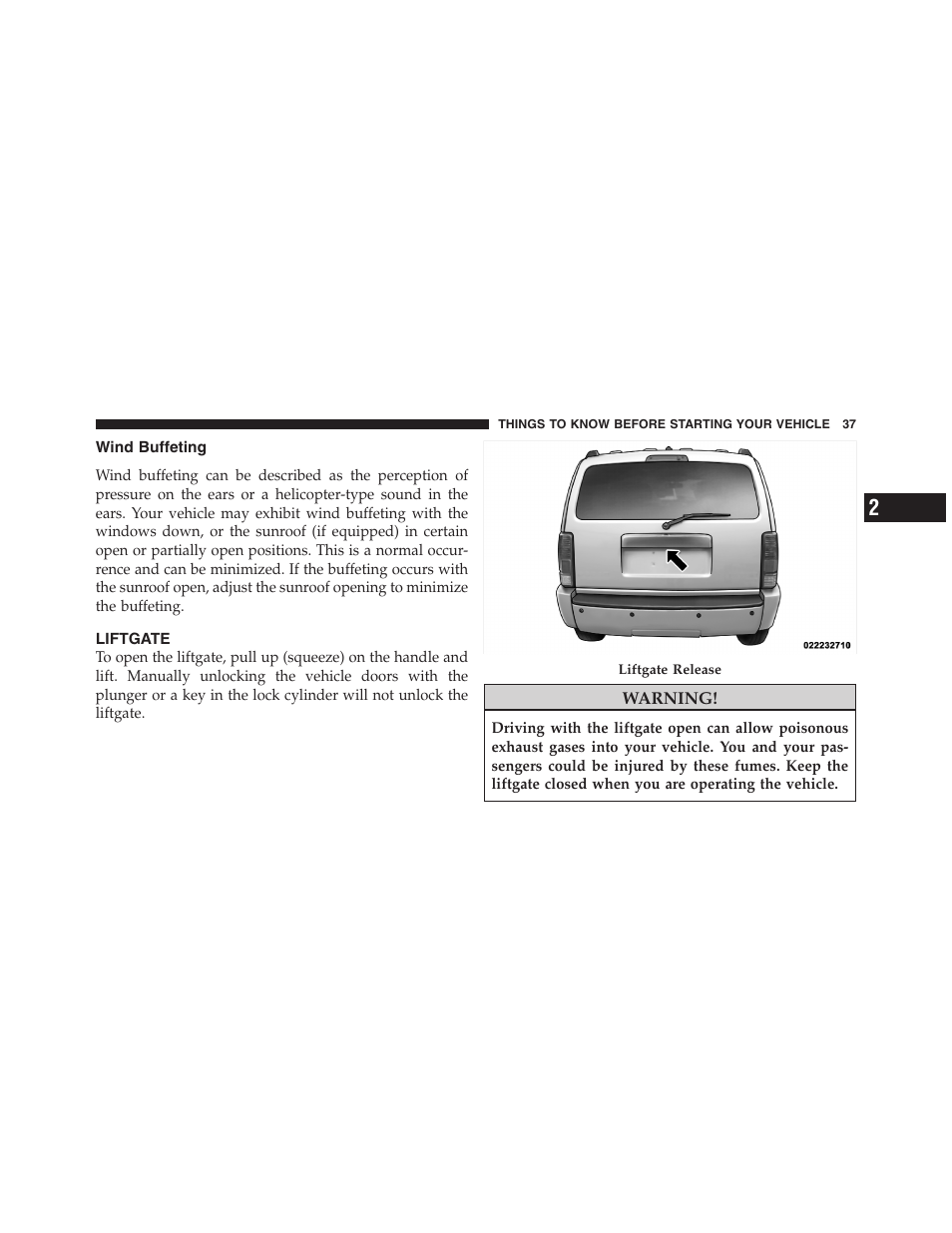 Wind buffeting, Liftgate, Child-protection door lock system | Rear doors | Dodge 2011 Nitro User Manual | Page 38 / 484