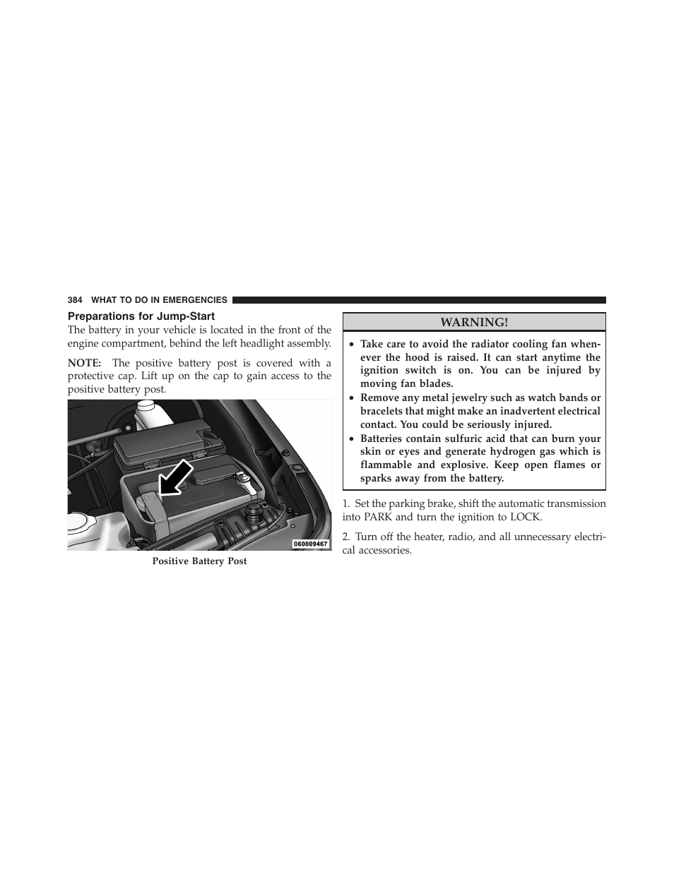 Preparations for jump-start, Loose fuel filler cap message | Dodge 2011 Nitro User Manual | Page 385 / 484