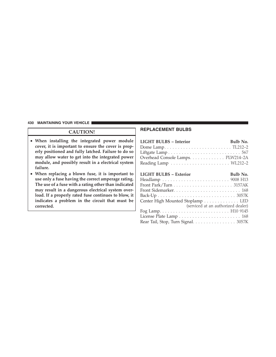 Replacement bulbs, Loose fuel filler cap message | Dodge 2011 Nitro User Manual | Page 431 / 484