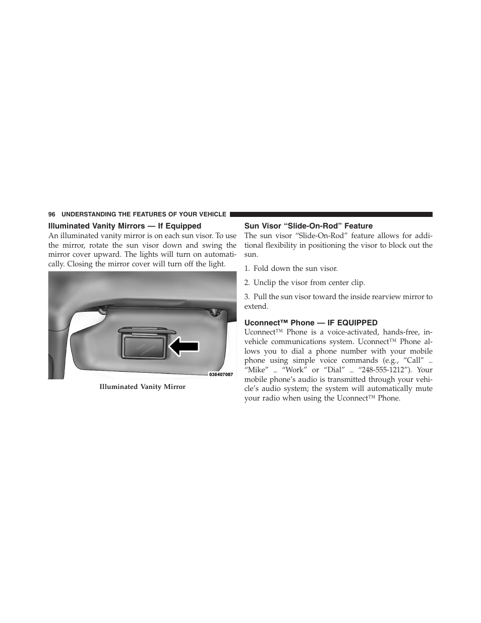 Illuminated vanity mirrors — if equipped, Sun visor “slide-on-rod” feature, Uconnect™ phone — if equipped | Dodge 2011 Nitro User Manual | Page 97 / 484