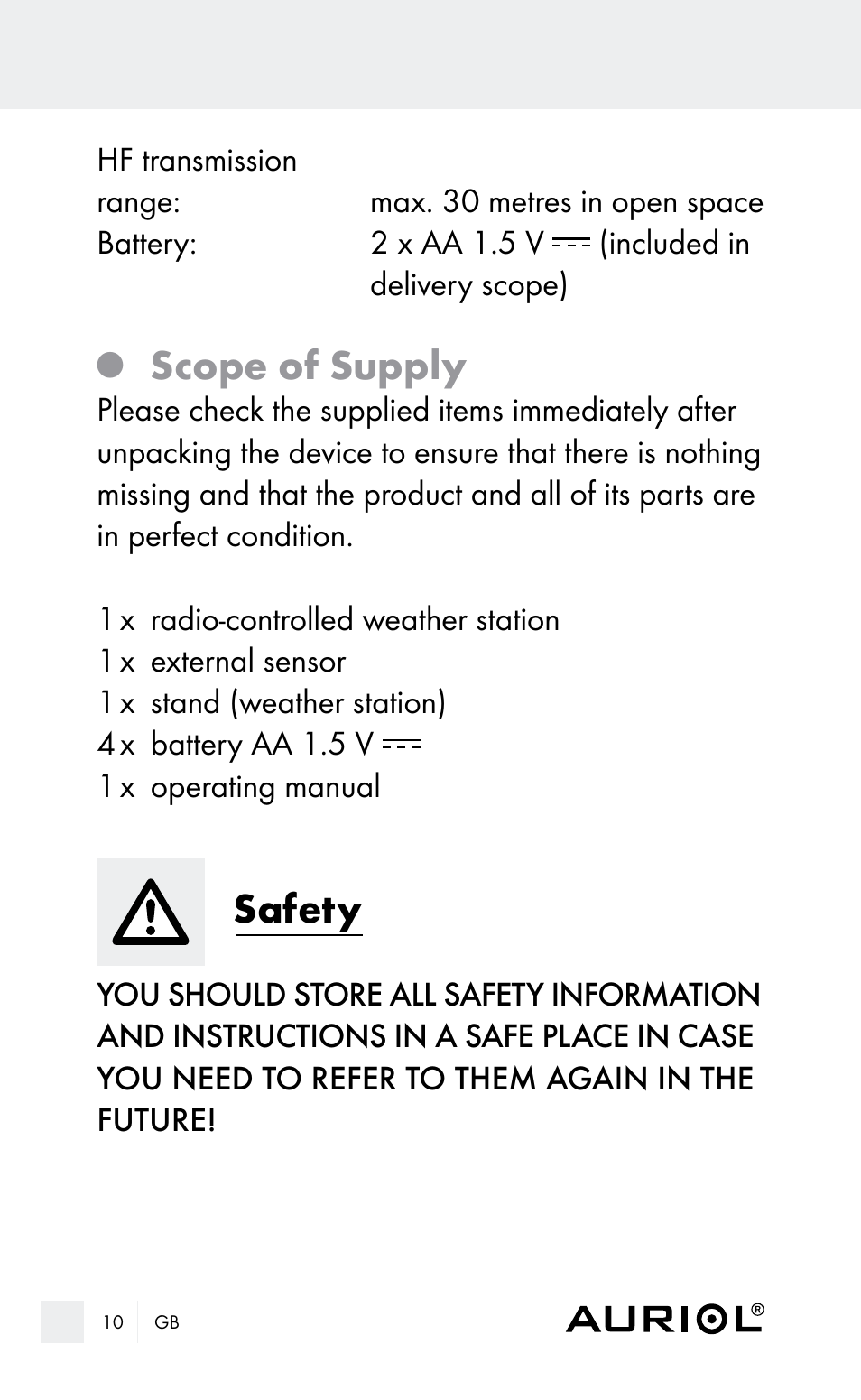 Scope of supply, Safety | Auriol Z29962E_F User Manual | Page 10 / 212