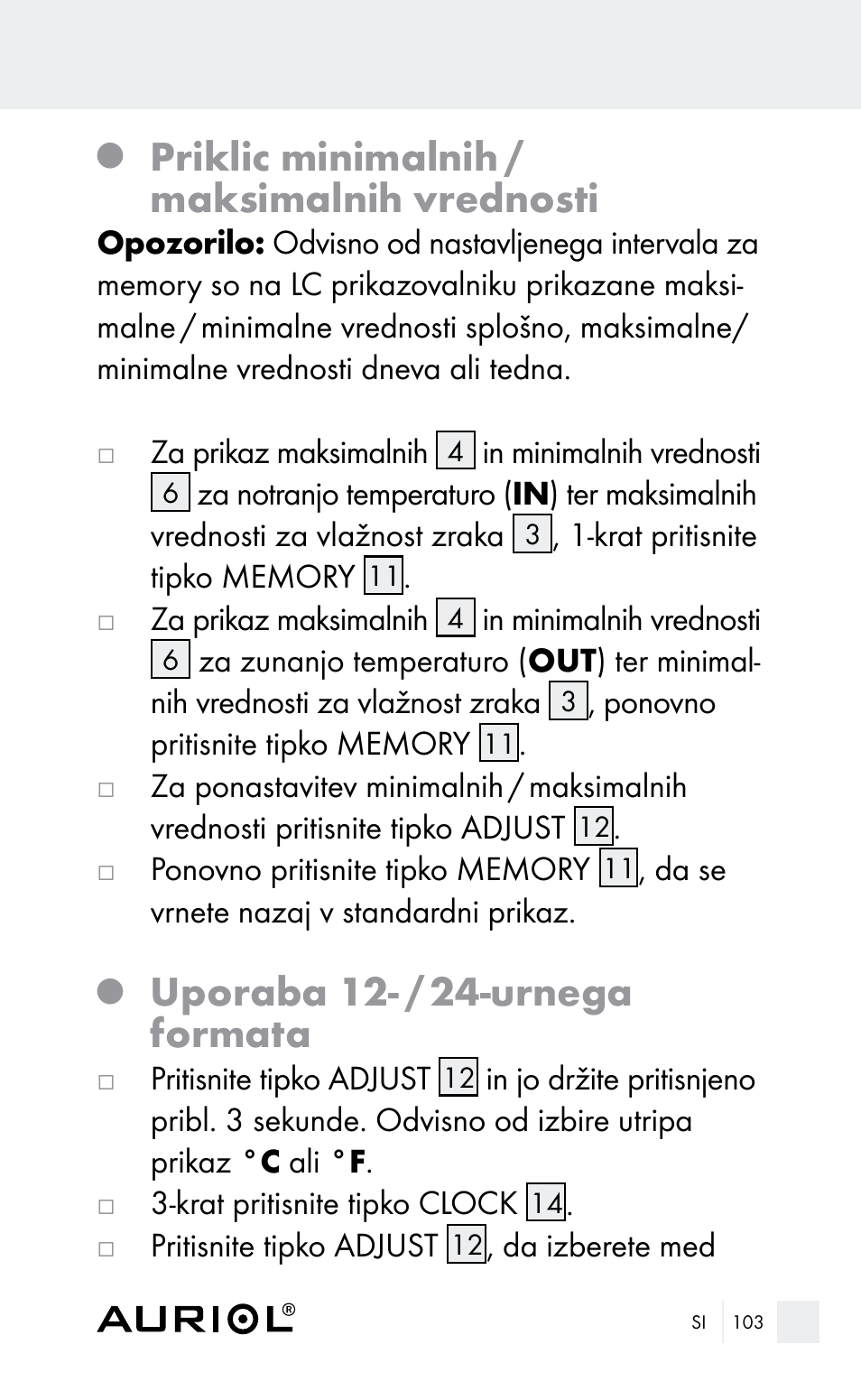 Priklic minimalnih / maksimalnih vrednosti, Uporaba 12- / 24-urnega formata | Auriol Z29962E_F User Manual | Page 103 / 212