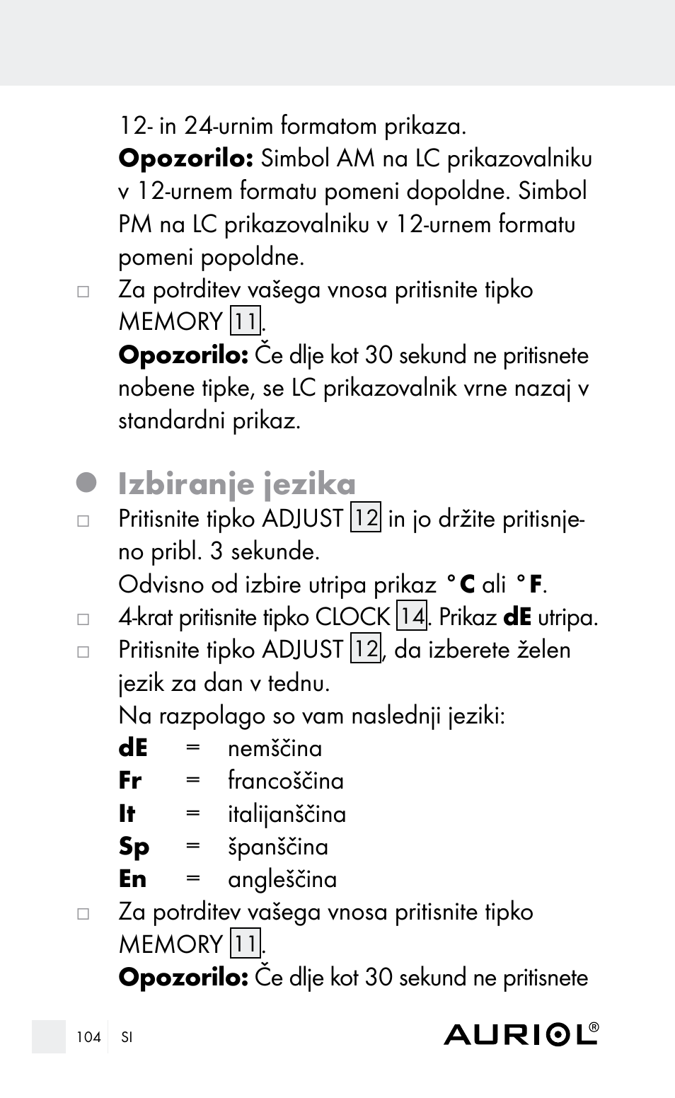 Izbiranje jezika | Auriol Z29962E_F User Manual | Page 104 / 212