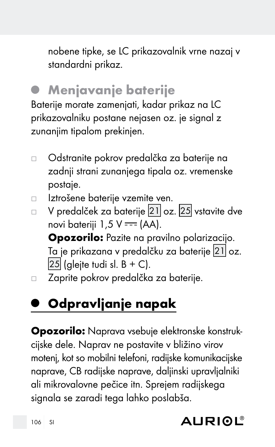 Menjavanje baterije, Odpravljanje napak | Auriol Z29962E_F User Manual | Page 106 / 212