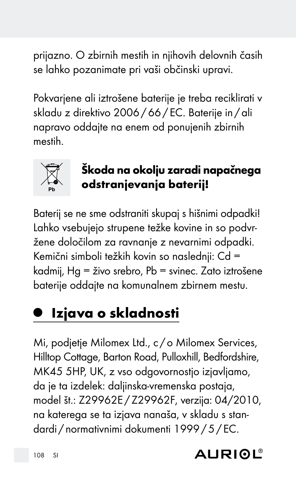 Izjava o skladnosti | Auriol Z29962E_F User Manual | Page 108 / 212