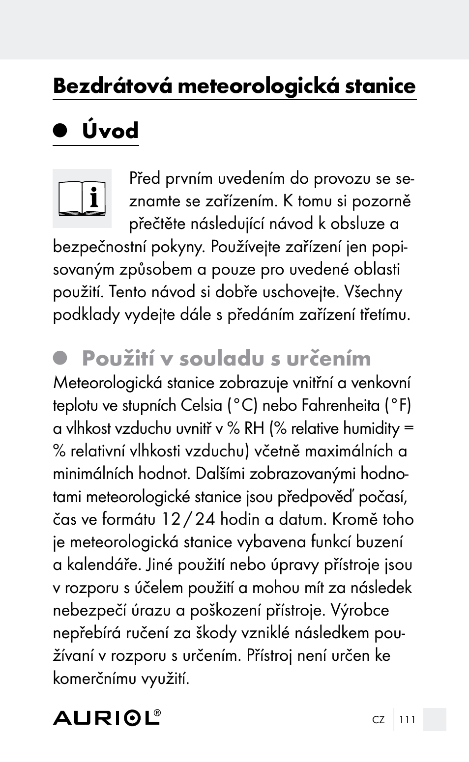 Bezdrátová meteorologická stanice, Úvod, Použití v souladu s určením | Auriol Z29962E_F User Manual | Page 111 / 212