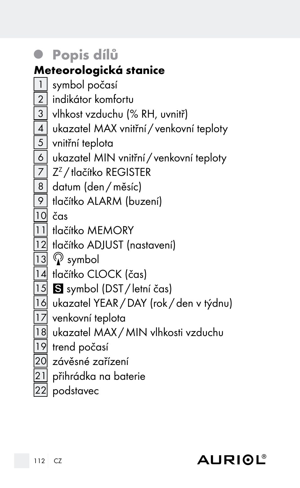 Popis dílů | Auriol Z29962E_F User Manual | Page 112 / 212