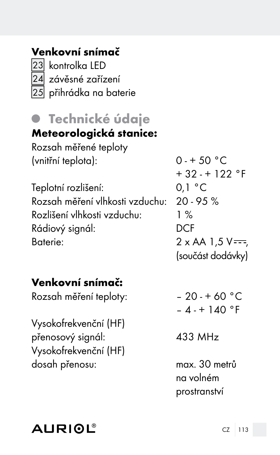 Technické údaje | Auriol Z29962E_F User Manual | Page 113 / 212