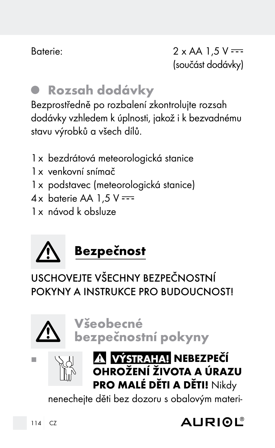 Rozsah dodávky, Bezpečnost, Všeobecné bezpečnostní pokyny | Auriol Z29962E_F User Manual | Page 114 / 212