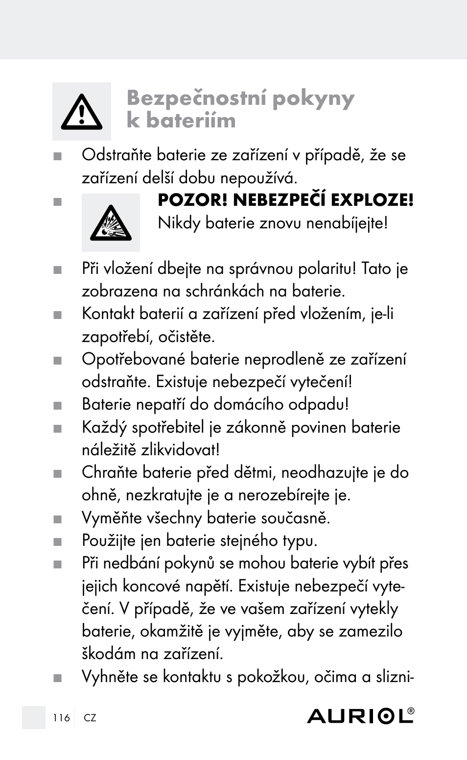 Bezpečnostní pokyny k bateriím | Auriol Z29962E_F User Manual | Page 116 / 212