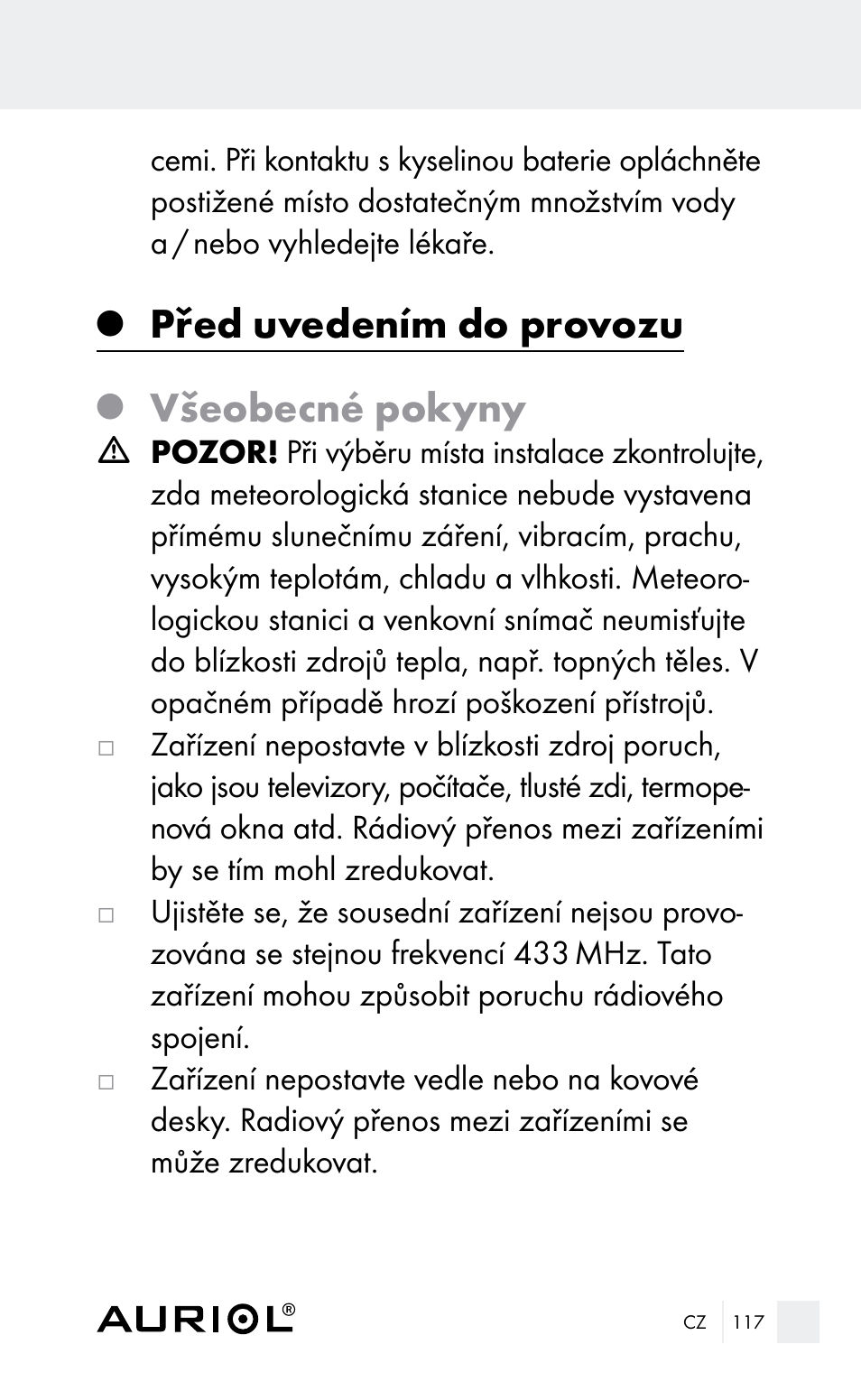 Před uvedením do provozu, Všeobecné pokyny | Auriol Z29962E_F User Manual | Page 117 / 212