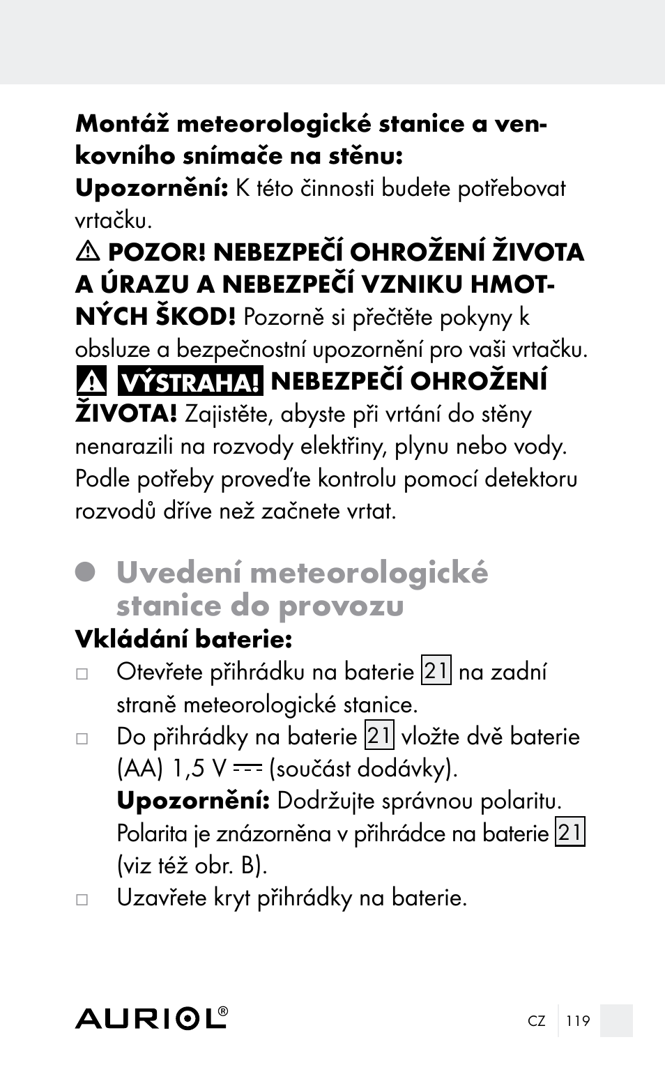 Uvedení meteorologické stanice do provozu | Auriol Z29962E_F User Manual | Page 119 / 212