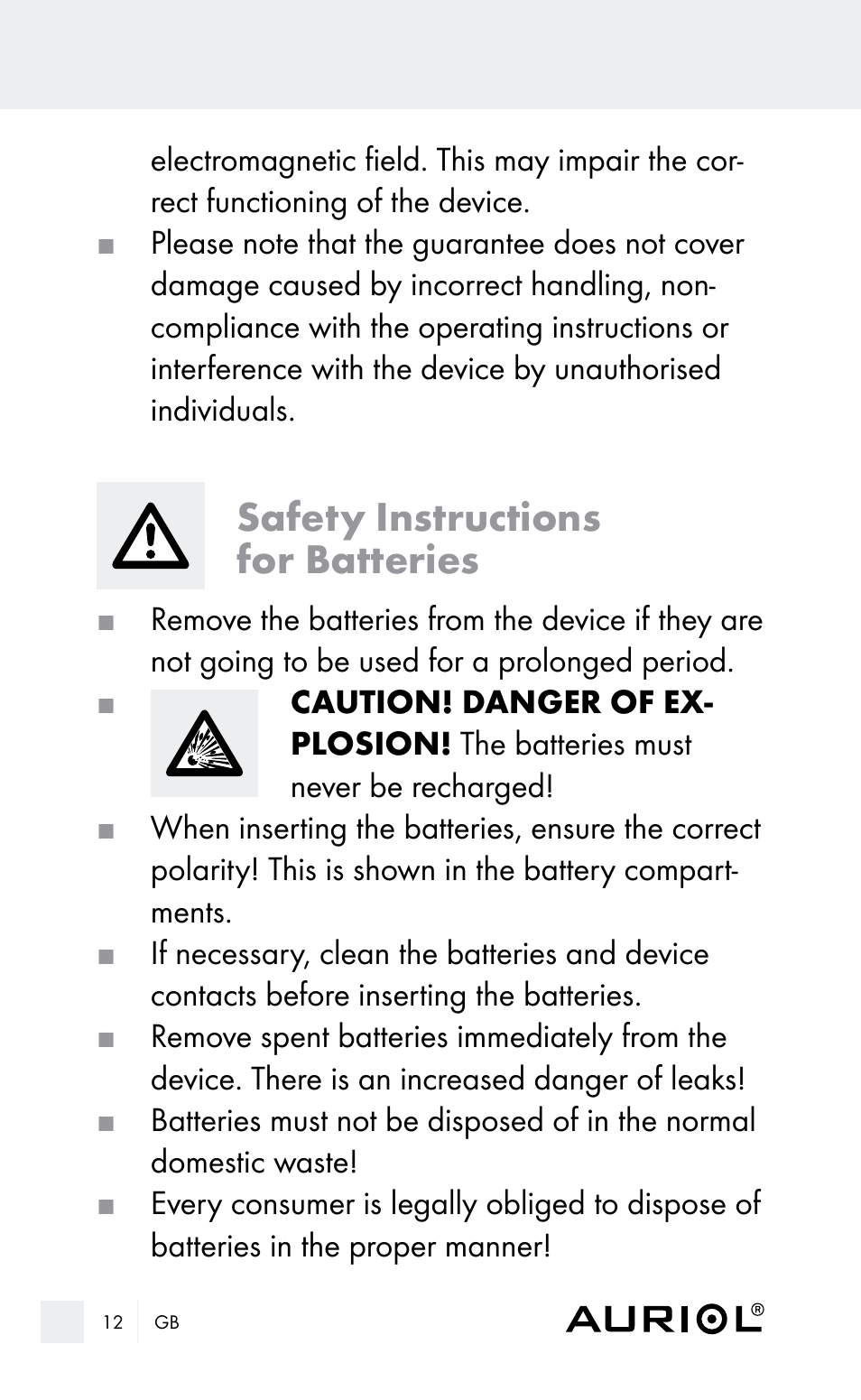 Safety instructions for batteries | Auriol Z29962E_F User Manual | Page 12 / 212