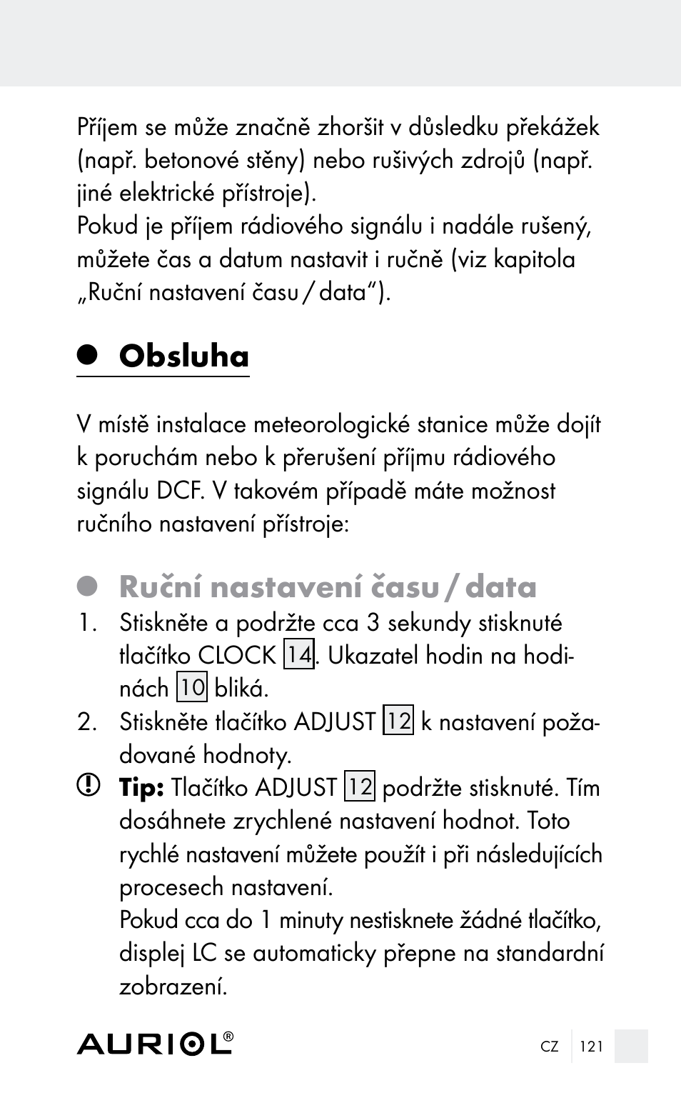 Obsluha, Ruční nastavení času / data | Auriol Z29962E_F User Manual | Page 121 / 212