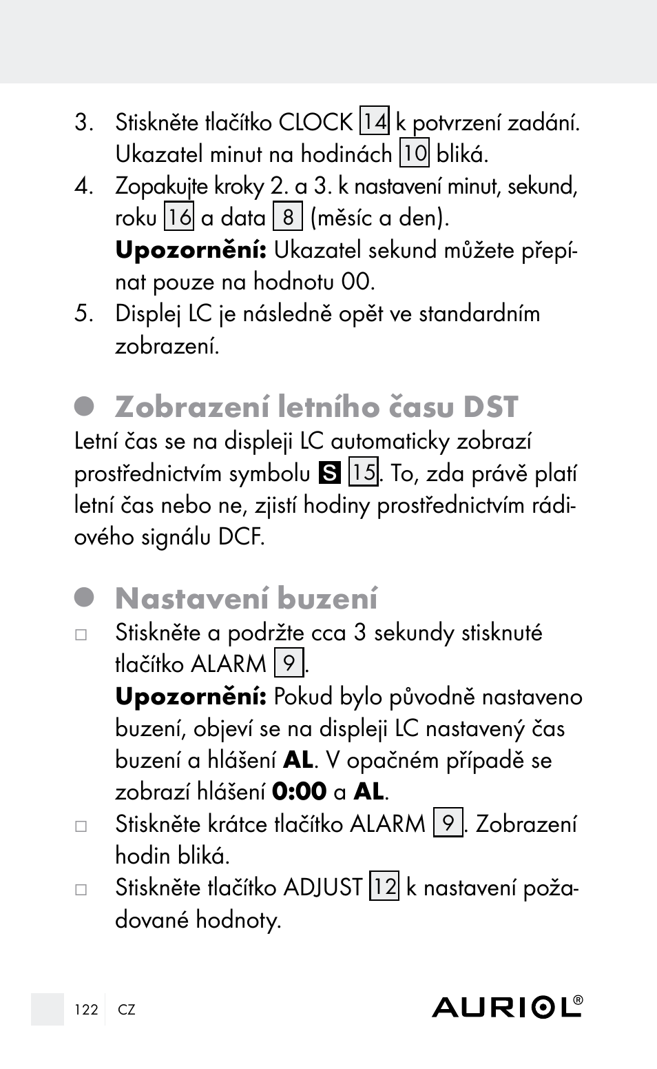 Zobrazení letního času dst, Nastavení buzení | Auriol Z29962E_F User Manual | Page 122 / 212