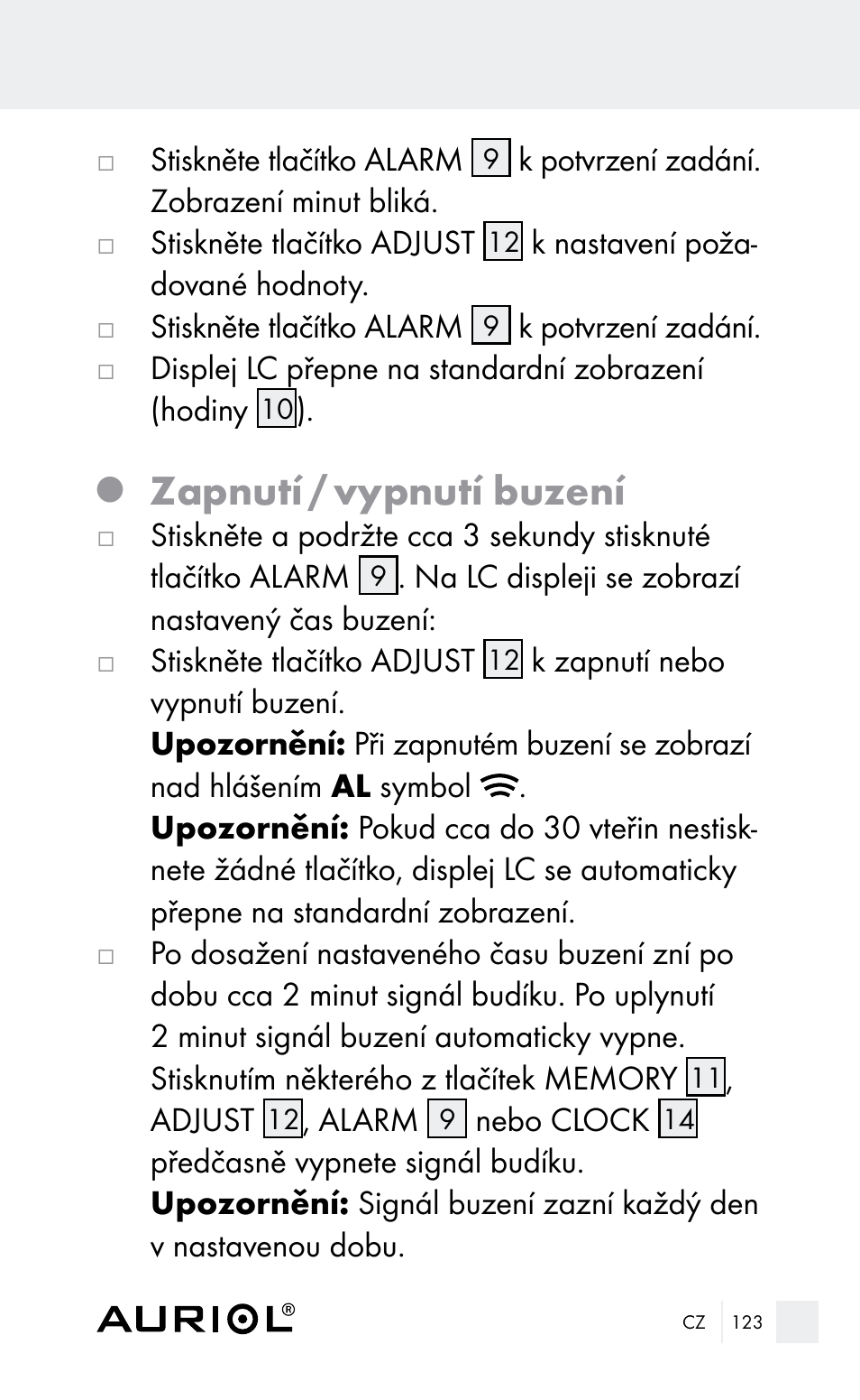 Zapnutí / vypnutí buzení | Auriol Z29962E_F User Manual | Page 123 / 212