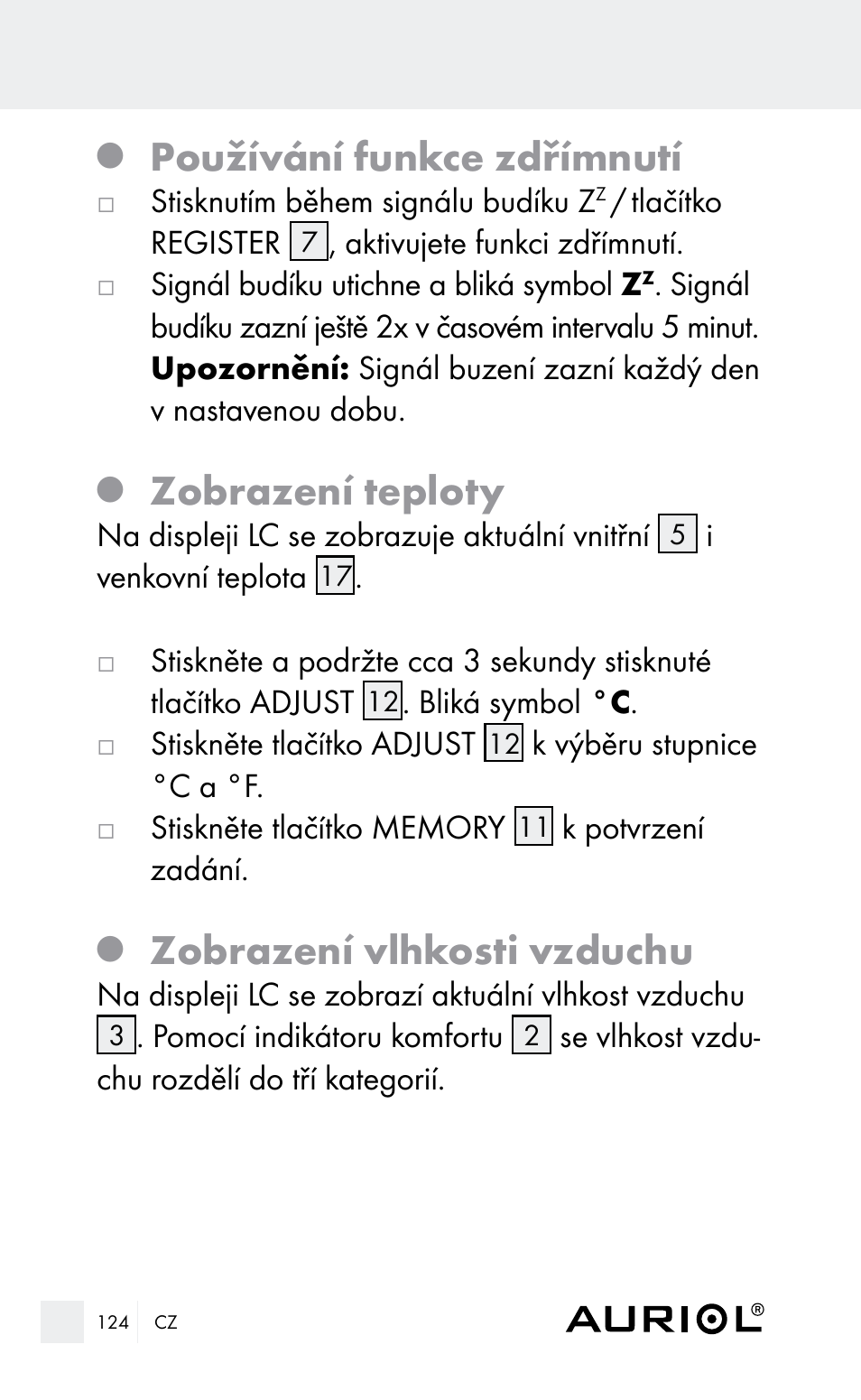 Používání funkce zdřímnutí, Zobrazení teploty, Zobrazení vlhkosti vzduchu | Auriol Z29962E_F User Manual | Page 124 / 212