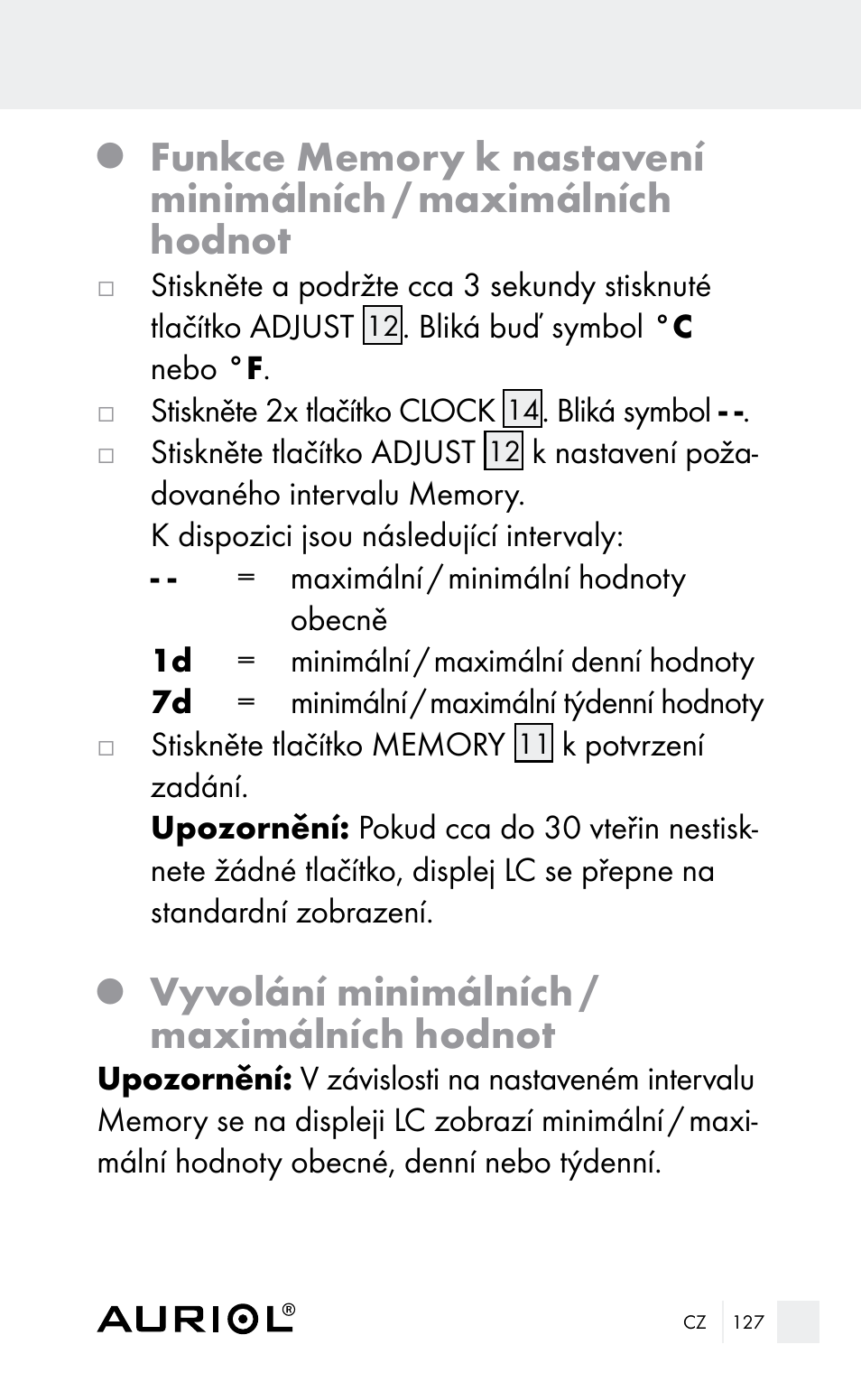 Vyvolání minimálních / maximálních hodnot | Auriol Z29962E_F User Manual | Page 127 / 212