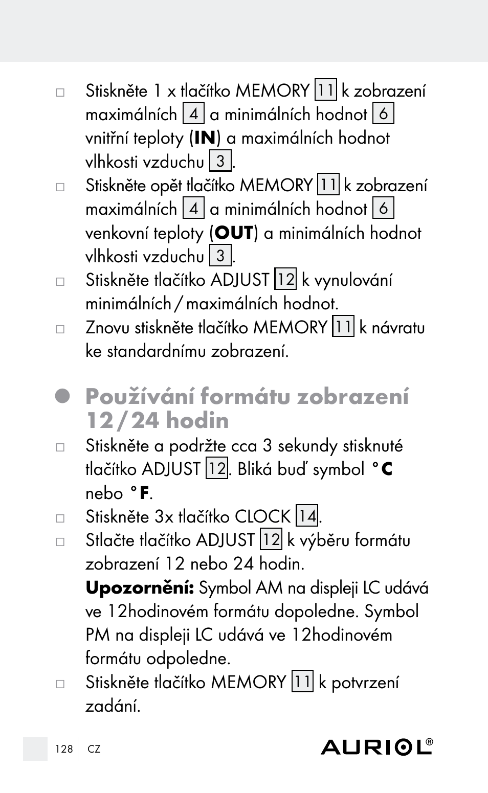 Používání formátu zobrazení 12 / 24 hodin | Auriol Z29962E_F User Manual | Page 128 / 212