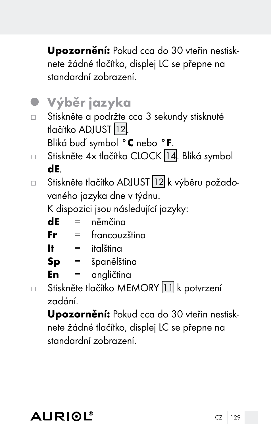 Výběr jazyka | Auriol Z29962E_F User Manual | Page 129 / 212