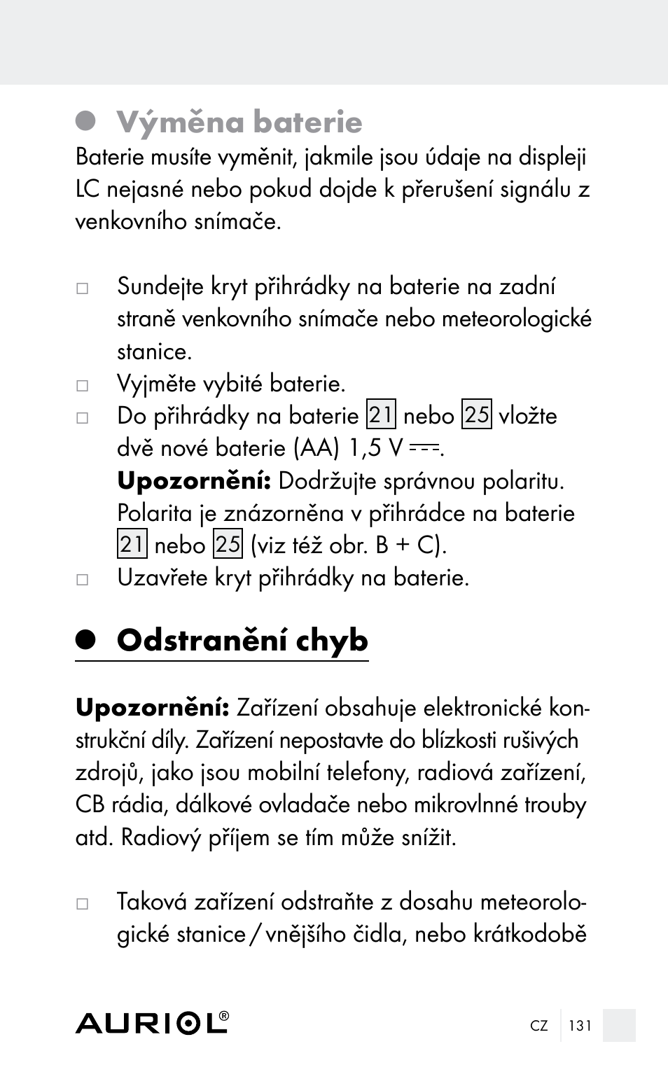 Výměna baterie, Odstranění chyb | Auriol Z29962E_F User Manual | Page 131 / 212