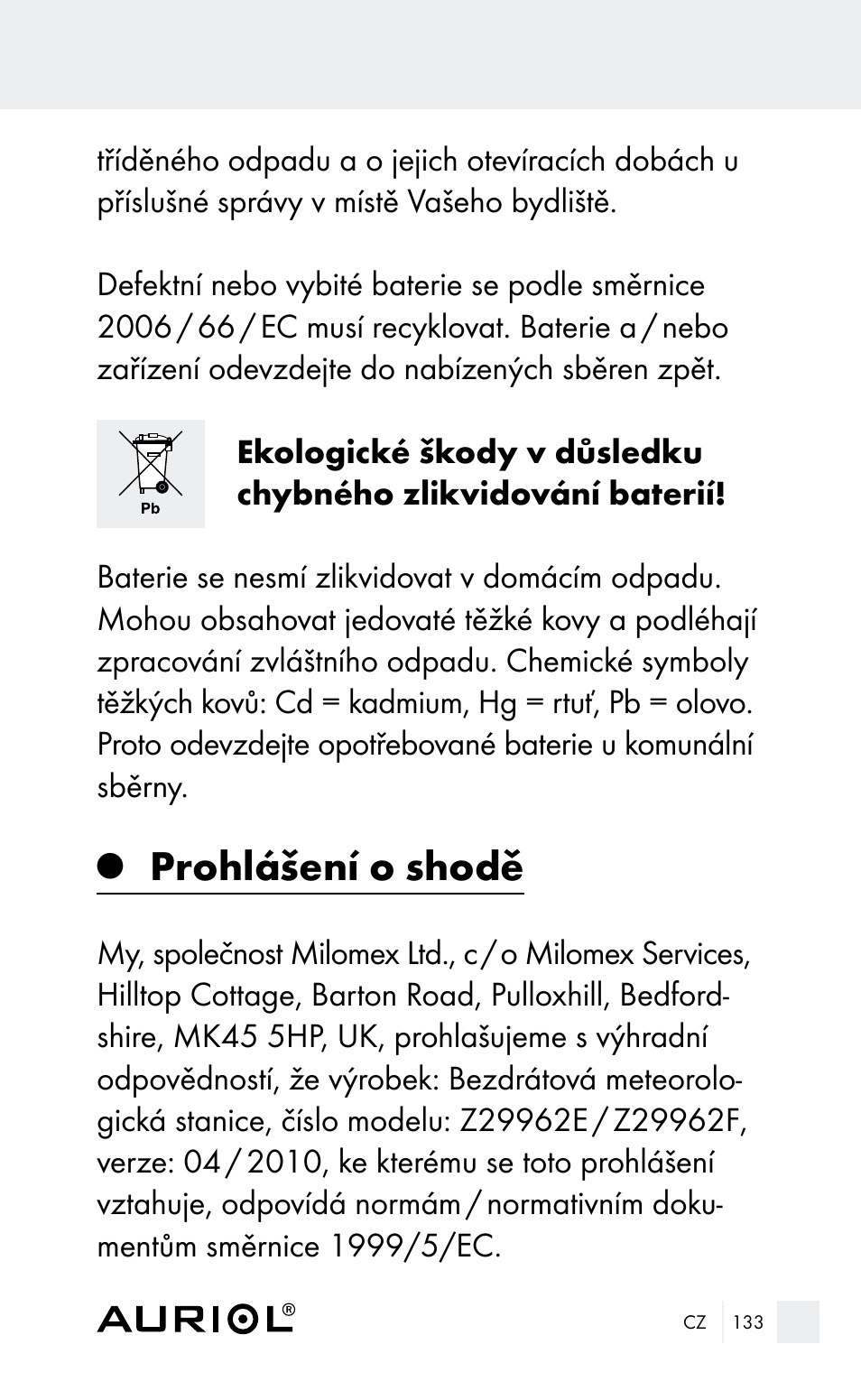 Prohlášení o shodě | Auriol Z29962E_F User Manual | Page 133 / 212