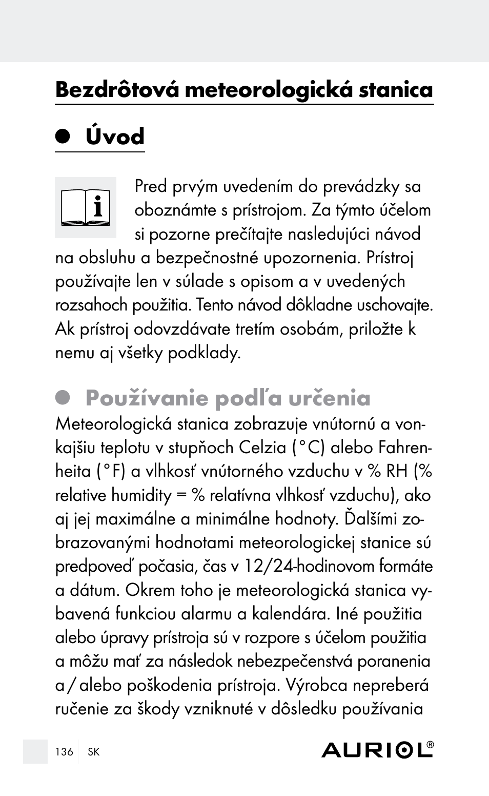 Bezdrôtová meteorologická stanica, Úvod, Používanie podľa určenia | Auriol Z29962E_F User Manual | Page 136 / 212