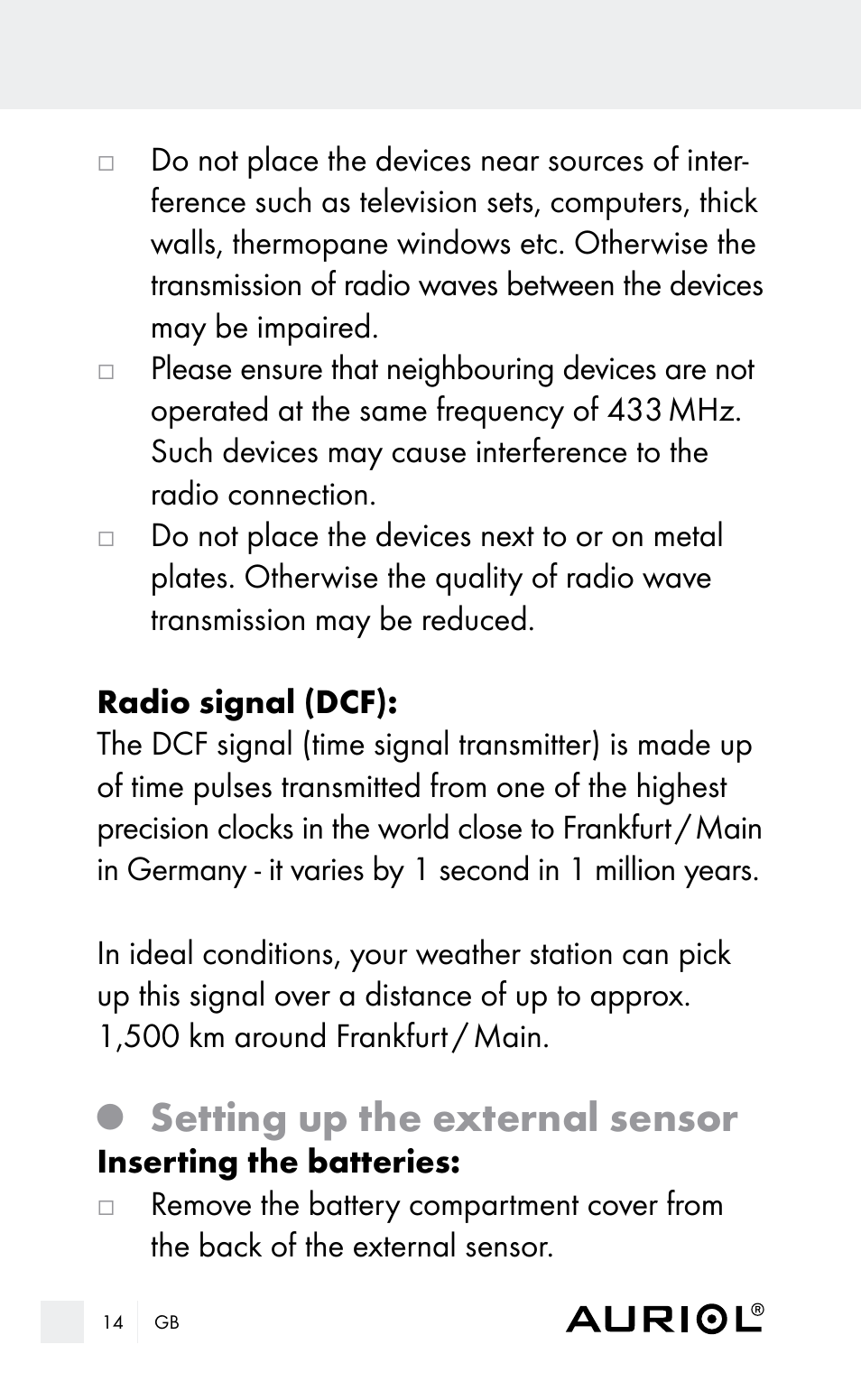 Setting up the external sensor | Auriol Z29962E_F User Manual | Page 14 / 212