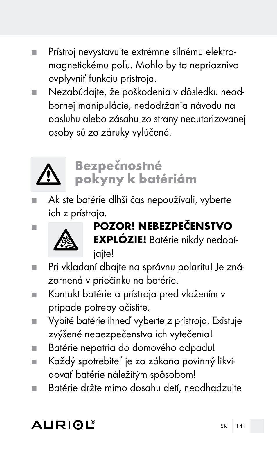 Bezpečnostné pokyny k batériám | Auriol Z29962E_F User Manual | Page 141 / 212