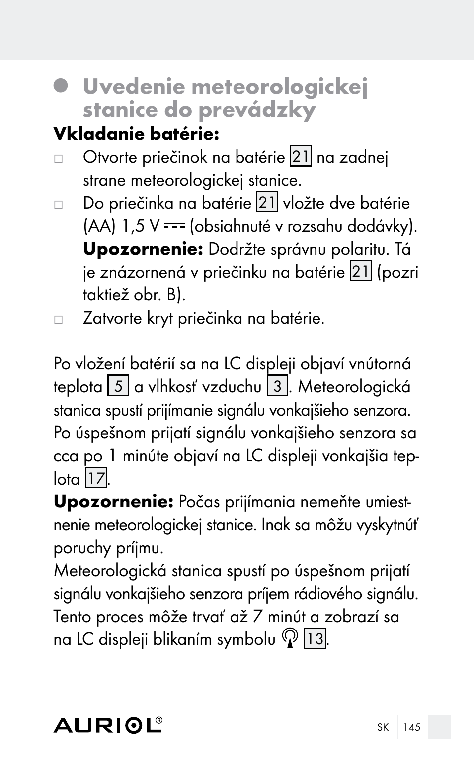 Uvedenie meteorologickej stanice do prevádzky | Auriol Z29962E_F User Manual | Page 145 / 212