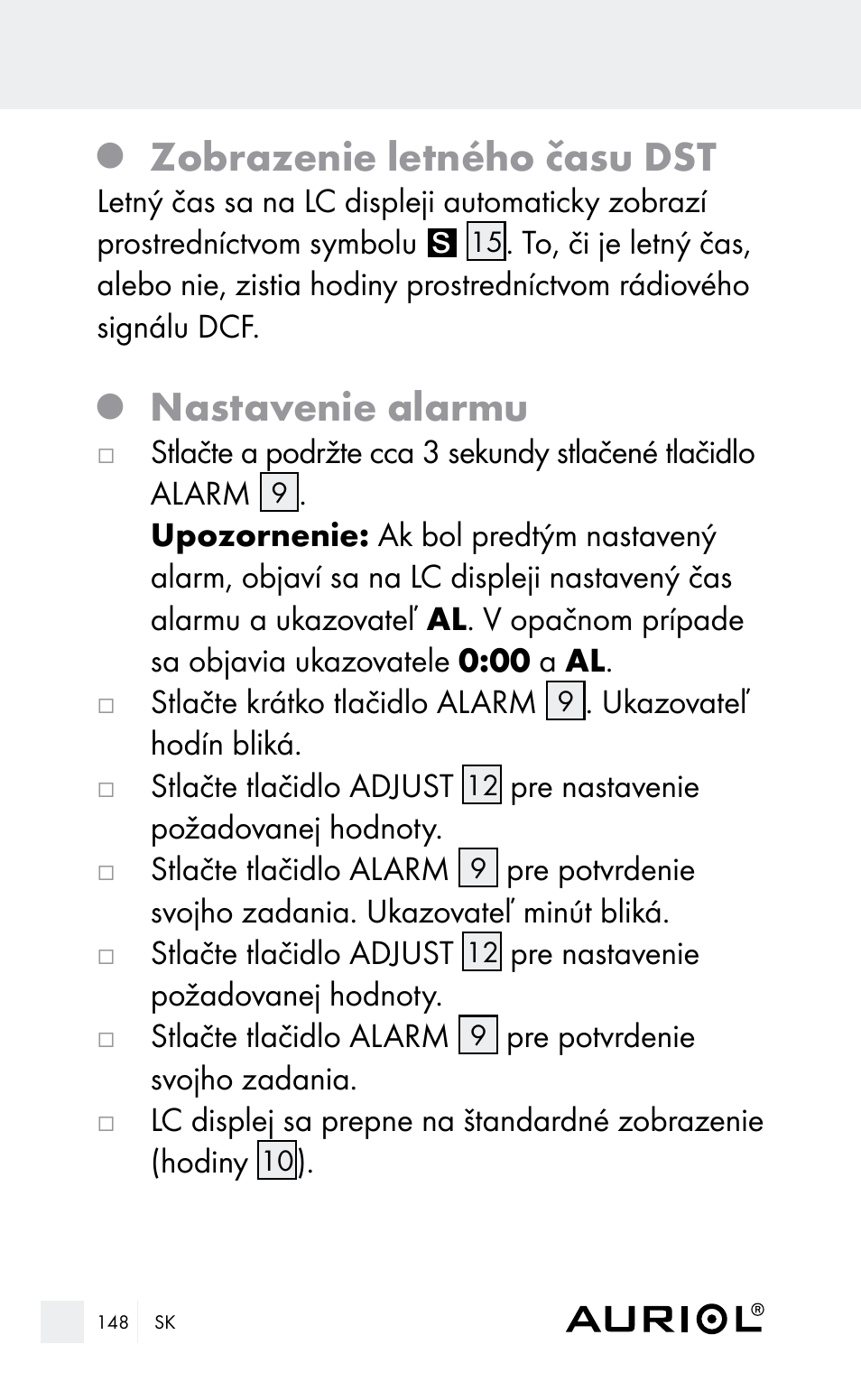 Zobrazenie letného času dst, Nastavenie alarmu | Auriol Z29962E_F User Manual | Page 148 / 212