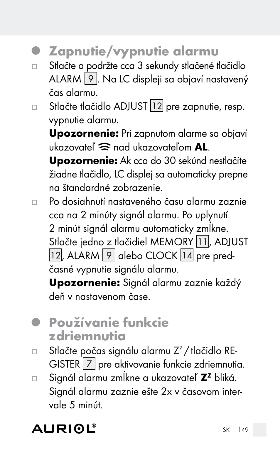 Zapnutie/vypnutie alarmu, Používanie funkcie zdriemnutia | Auriol Z29962E_F User Manual | Page 149 / 212