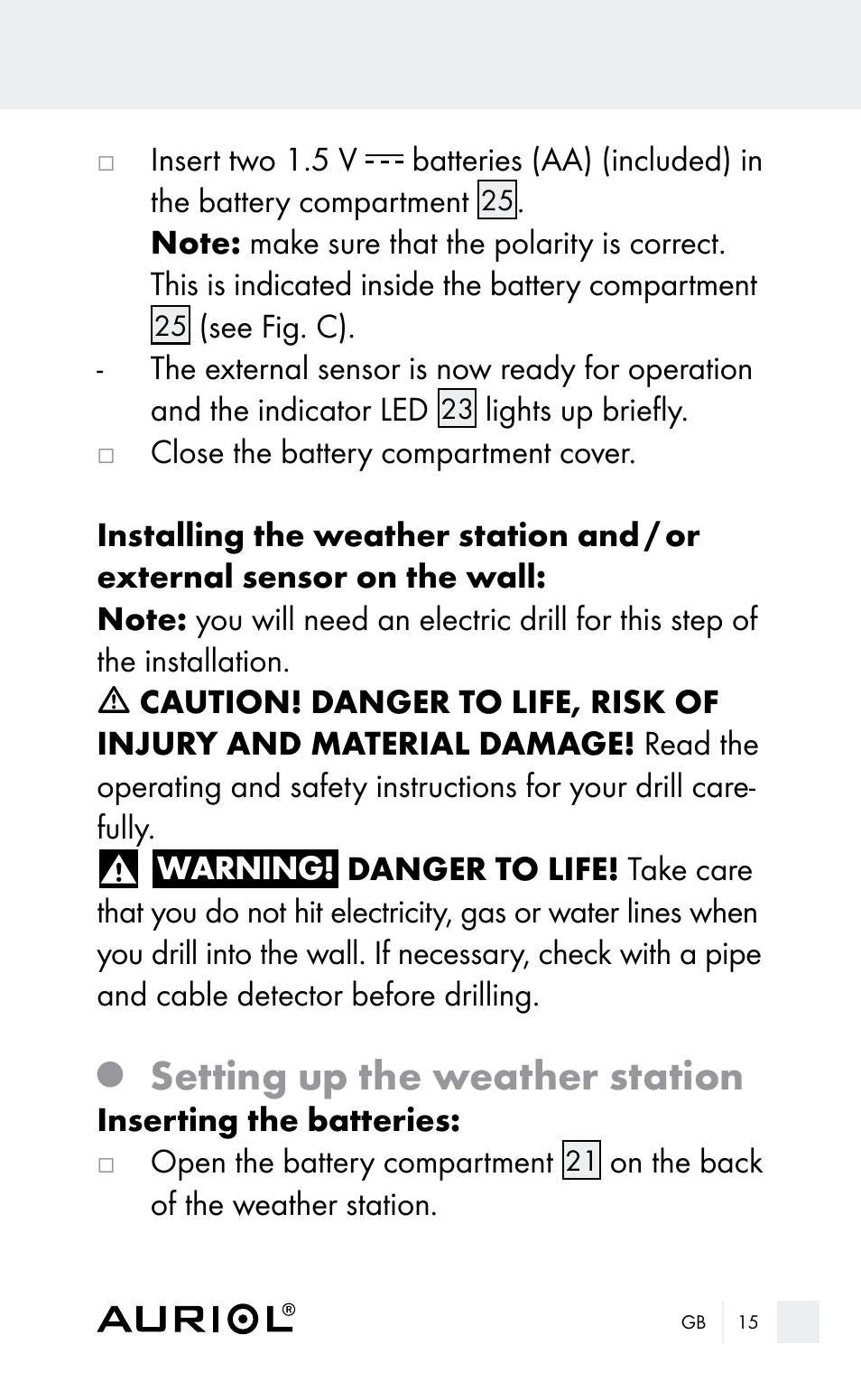 Setting up the weather station | Auriol Z29962E_F User Manual | Page 15 / 212