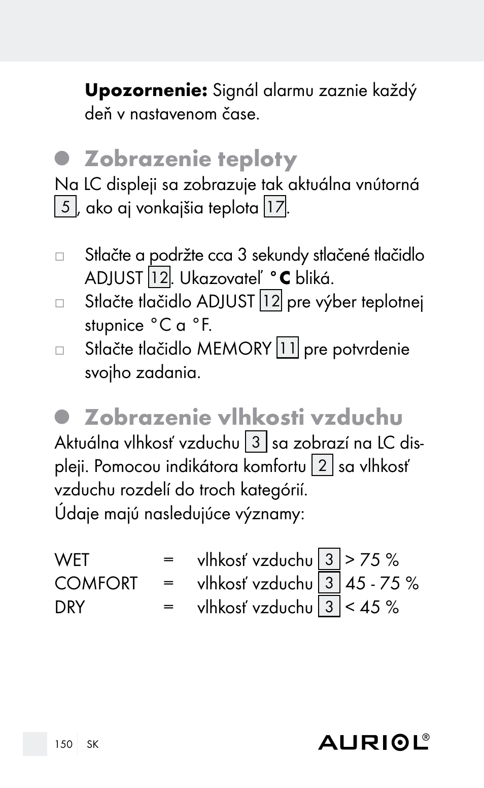 Zobrazenie teploty, Zobrazenie vlhkosti vzduchu | Auriol Z29962E_F User Manual | Page 150 / 212