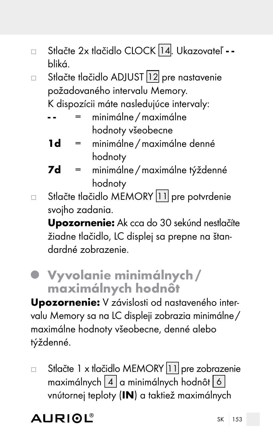 Vyvolanie minimálnych / maximálnych hodnôt | Auriol Z29962E_F User Manual | Page 153 / 212