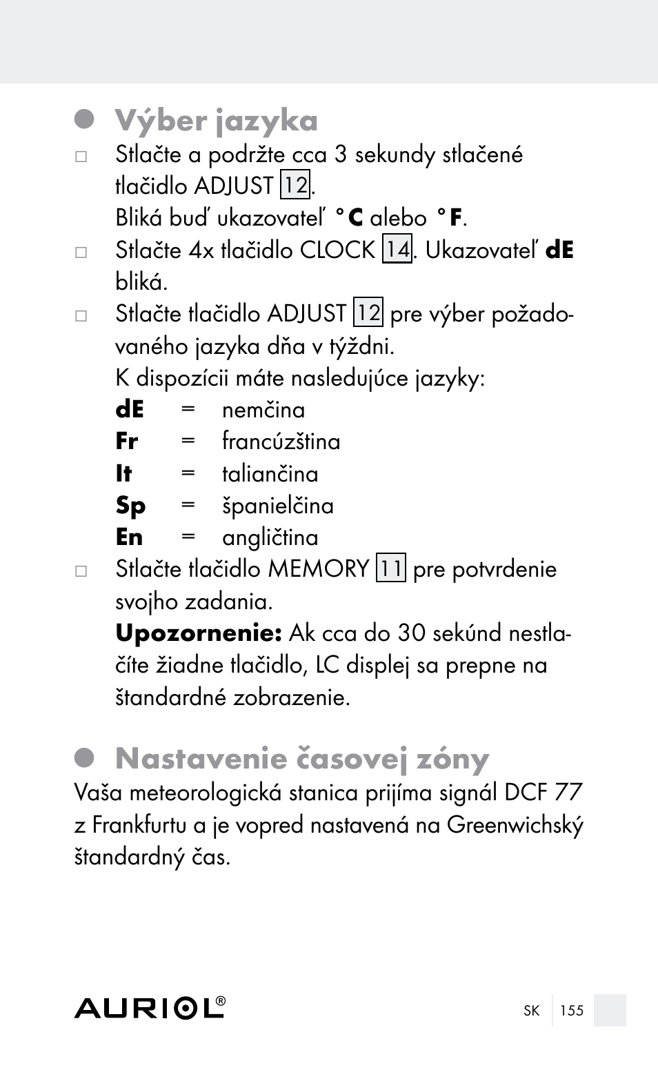 Výber jazyka, Nastavenie časovej zóny | Auriol Z29962E_F User Manual | Page 155 / 212