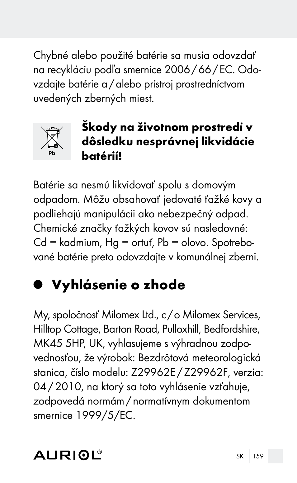 Vyhlásenie o zhode | Auriol Z29962E_F User Manual | Page 159 / 212