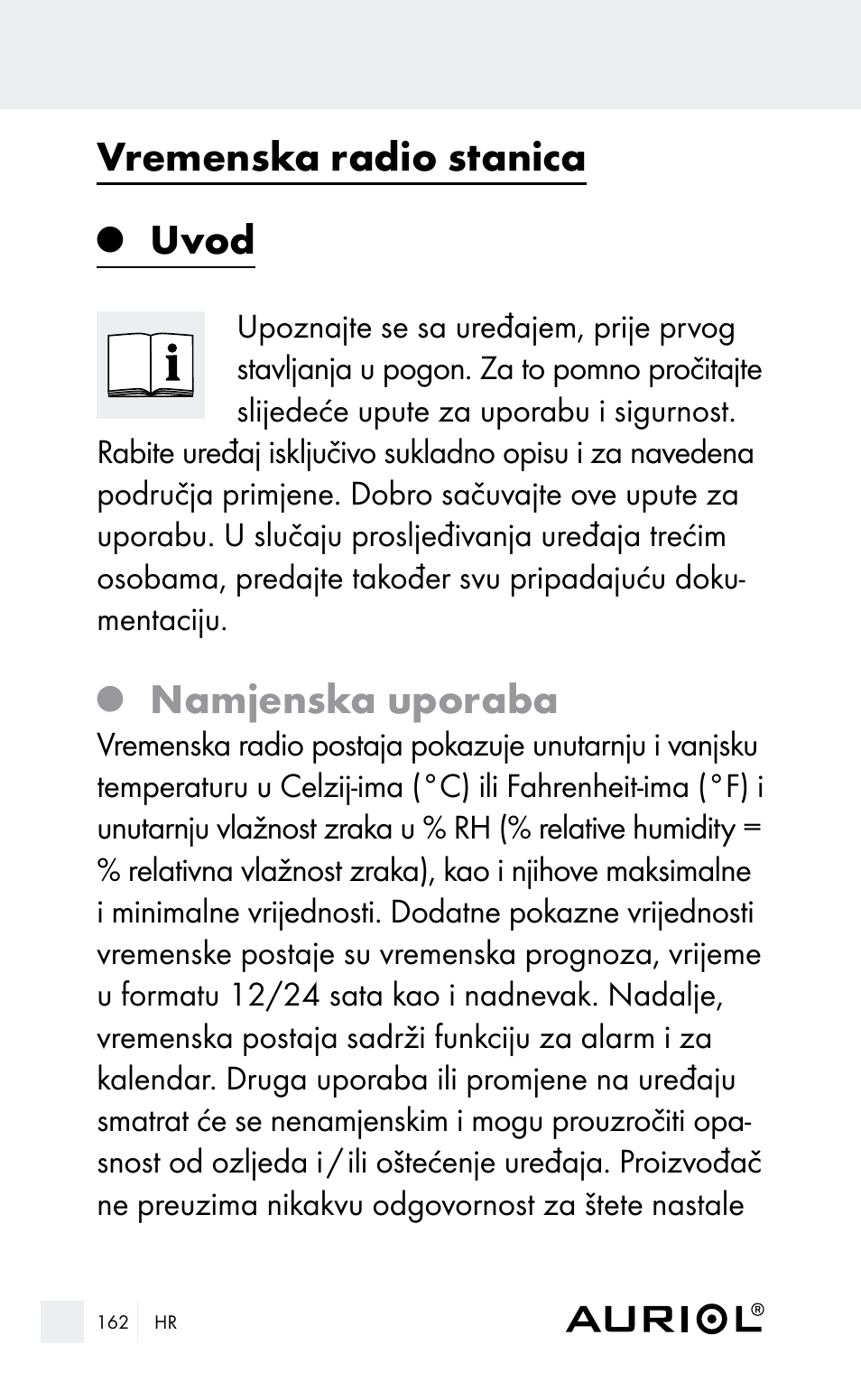 Vremenska radio stanica, Uvod, Namjenska uporaba | Auriol Z29962E_F User Manual | Page 162 / 212