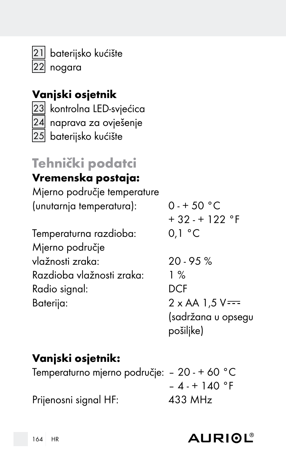 Tehnički podatci | Auriol Z29962E_F User Manual | Page 164 / 212