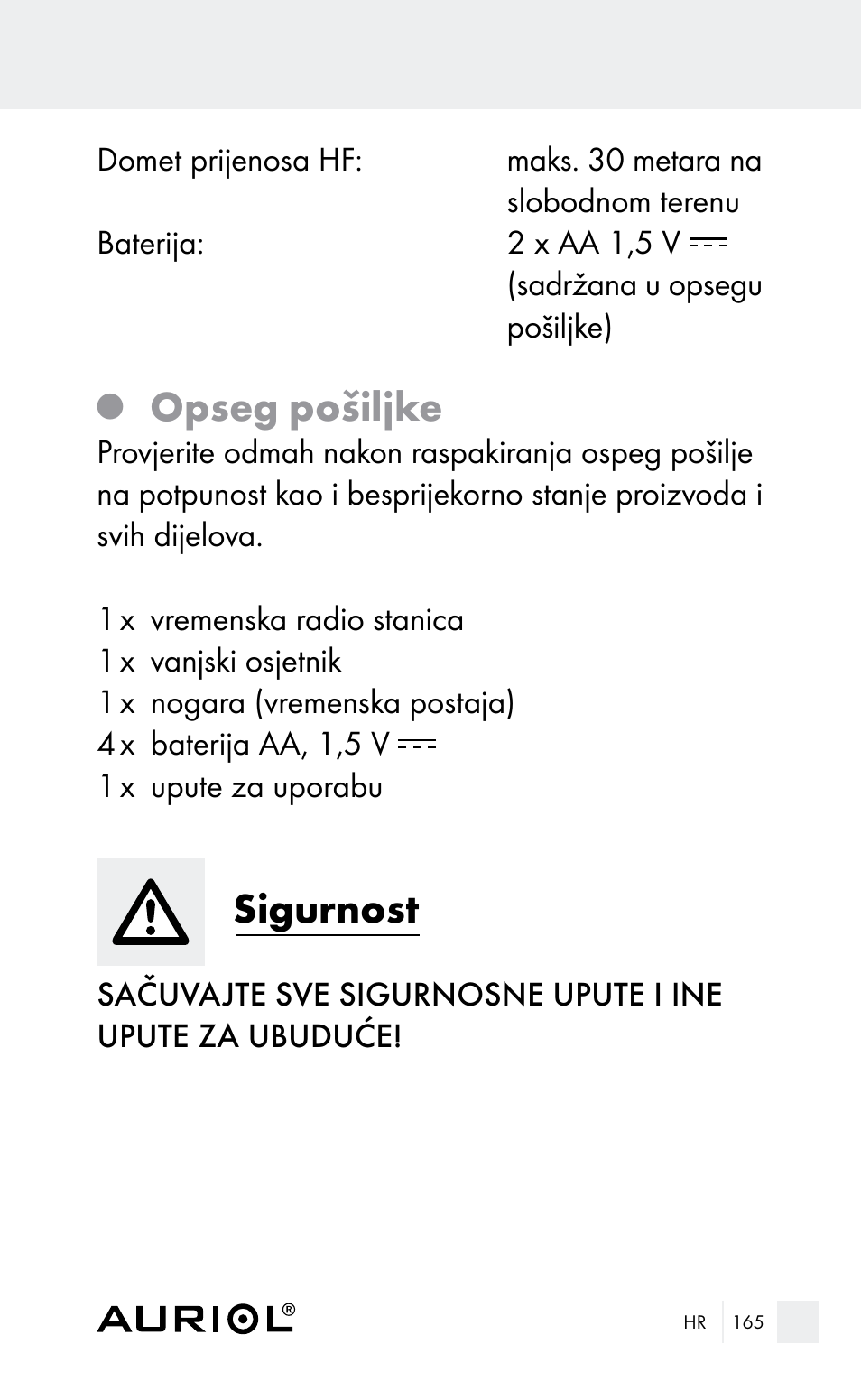 Opseg pošiljke, Sigurnost | Auriol Z29962E_F User Manual | Page 165 / 212