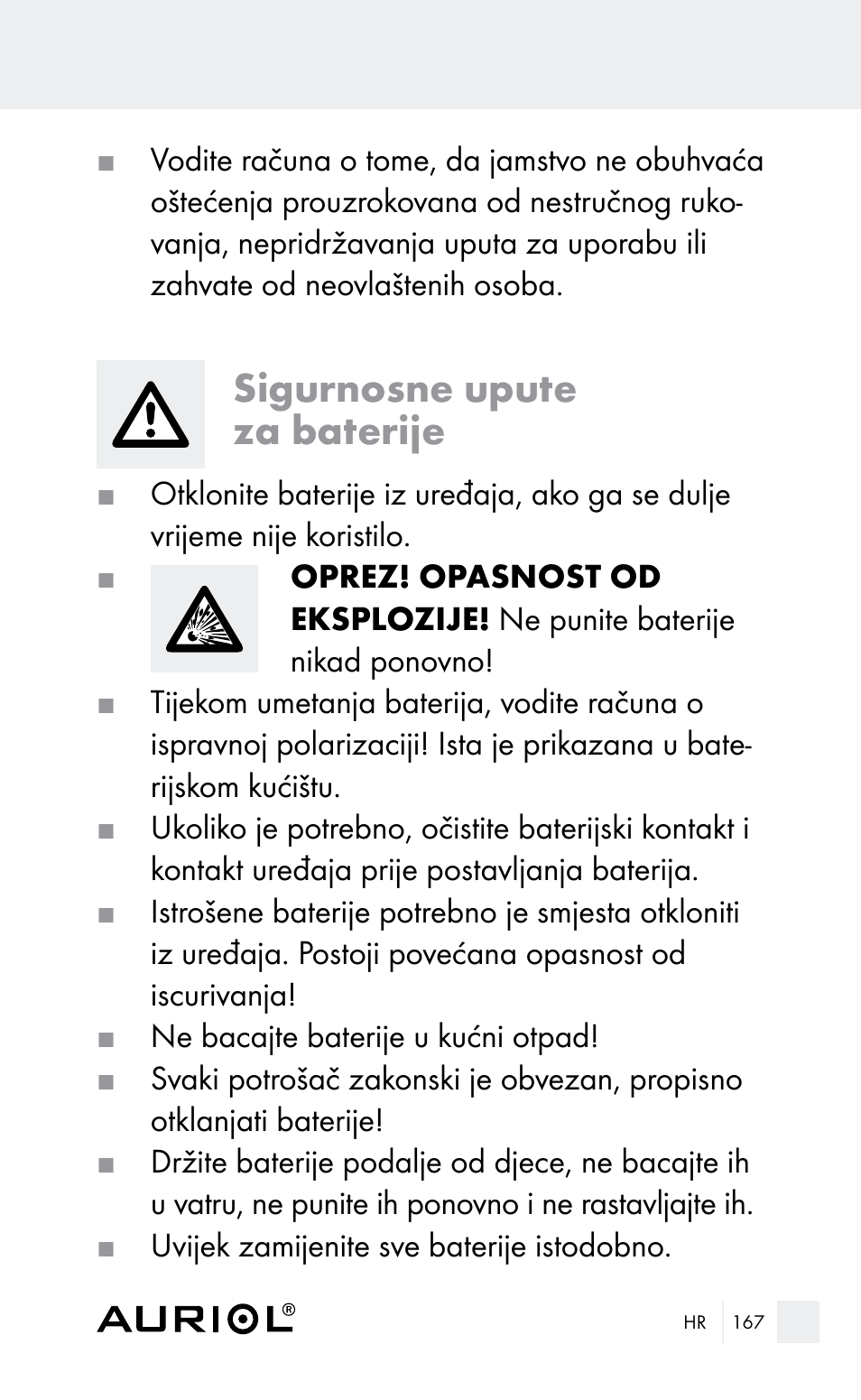 Sigurnosne upute za baterije | Auriol Z29962E_F User Manual | Page 167 / 212