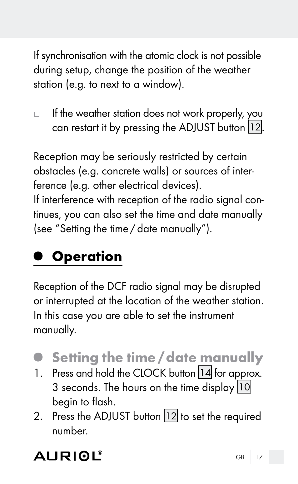 Operation, Setting the time / date manually | Auriol Z29962E_F User Manual | Page 17 / 212