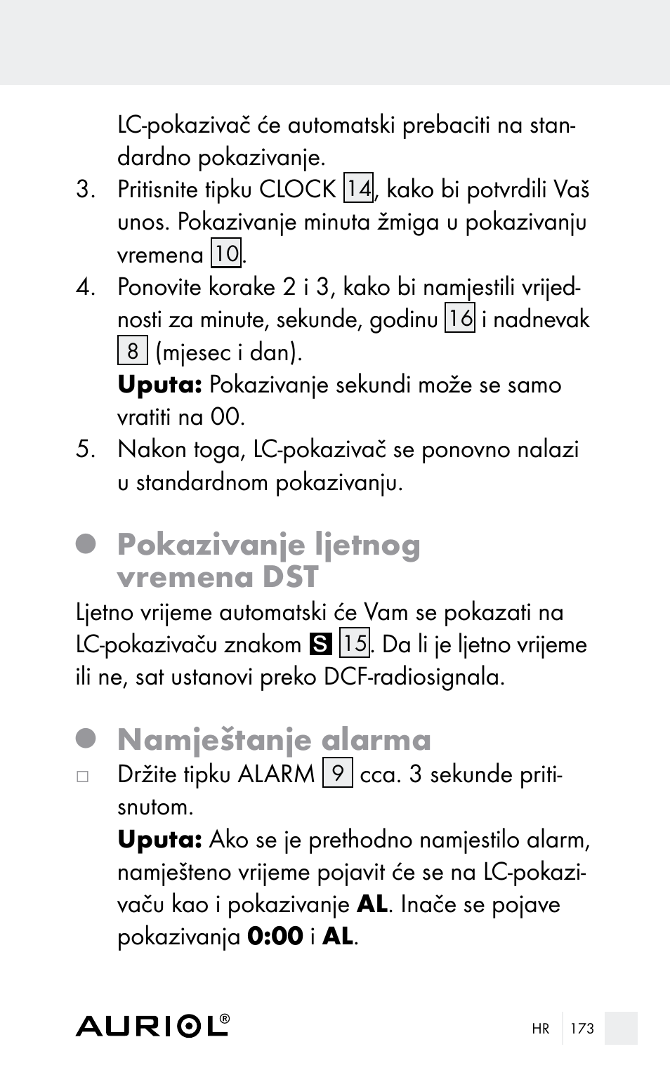 Pokazivanje ljetnog vremena dst, Namještanje alarma | Auriol Z29962E_F User Manual | Page 173 / 212