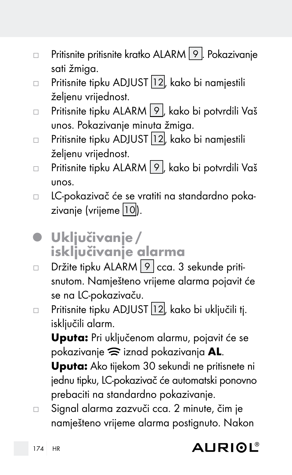 Uključivanje / isključivanje alarma | Auriol Z29962E_F User Manual | Page 174 / 212